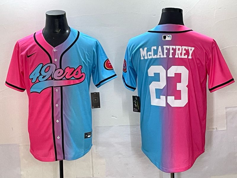 Men 2025 San Francisco 49ers 23 Mccaffrey Blue pink Nike Limited NFL Jersey style 01